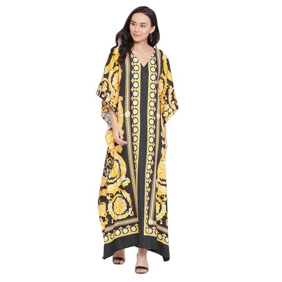 Floral Printed Yellow Polyester Plus Size Kaftan Dress for Women by Gypsie Blu - Picture 1 of 8